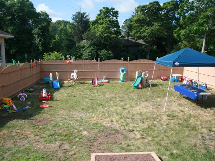 Our playground is enclosed by a 6 foot stockade fence for safety, privacy, and protection. 